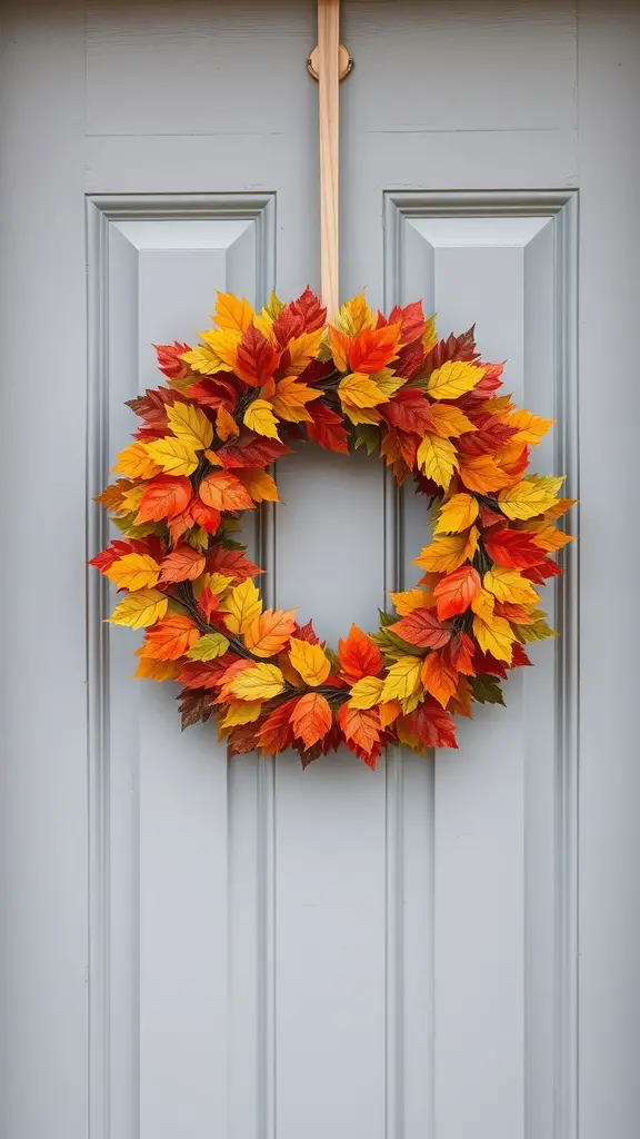 17 Creative Fall-Themed Baby Shower Ideas You’ll Love 2 A colorful autumn wreath made of red, orange, and yellow leaves hanging on a gray door.