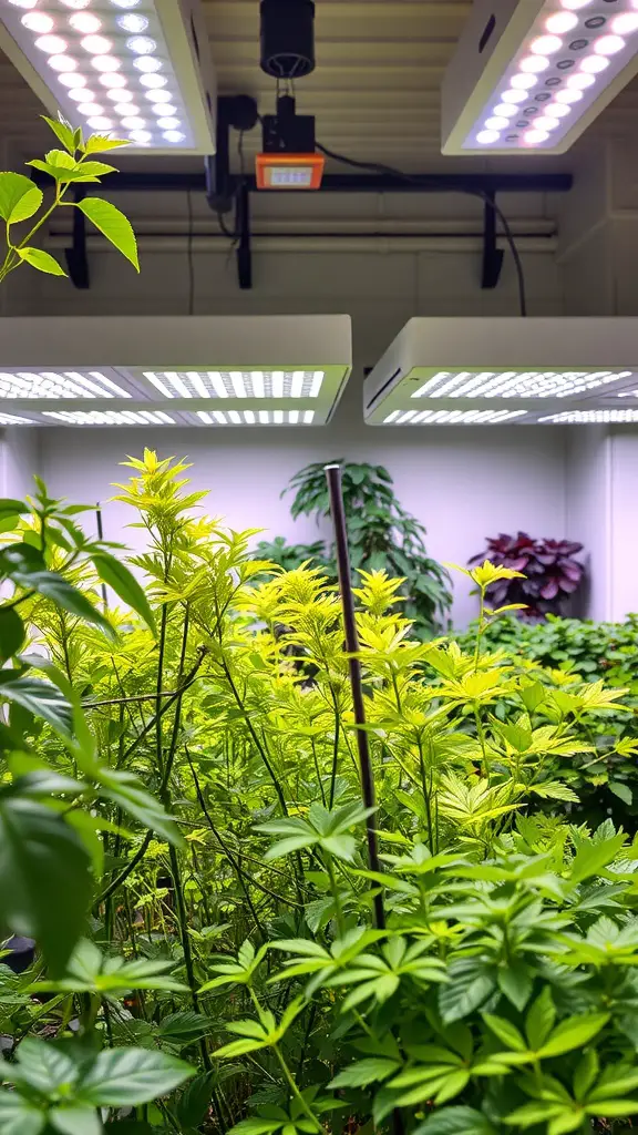 17 Creative Indoor Garden Ideas to Transform Your Space 13 Indoor garden with LED grow lights illuminating green plants