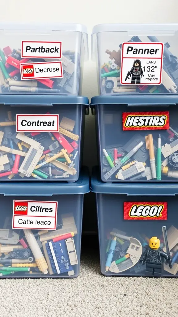 Colorful LEGO storage bins with themed labels