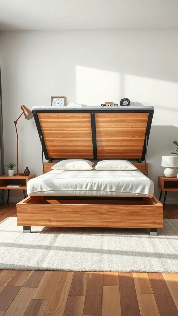 25+Creative Bed Frame with Storage Ideas You’ll Love 2 Lift-up storage bed frame with wooden finish and open storage space underneath