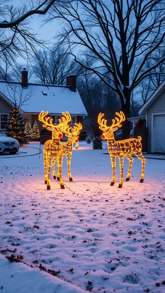 Two illuminated reindeer decorations in a snowy yard