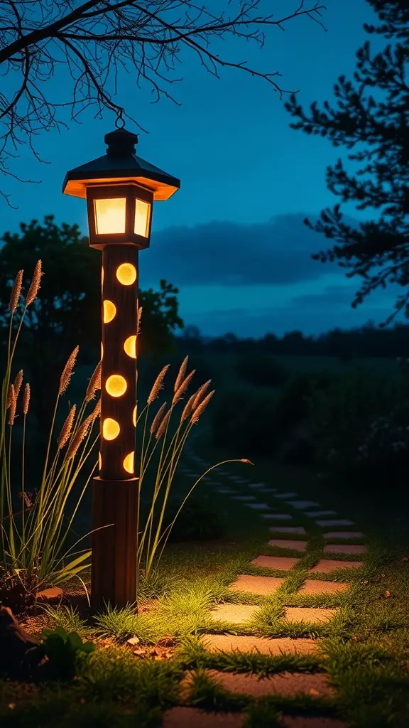 19 Stunning Garden Totems to Elevate Your Outdoor Space 10 A solar garden totem glowing softly at night, surrounded by plants and a stone pathway.