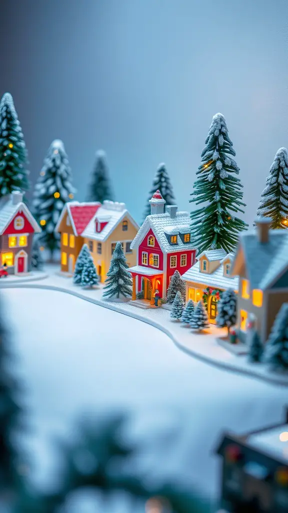 A charming lighted Christmas village display with snow-covered houses and trees.