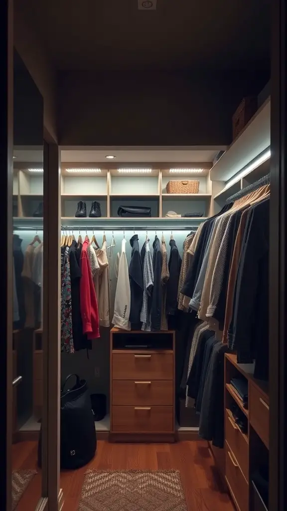 A small walk-in closet with organized clothes, shelves, and good lighting