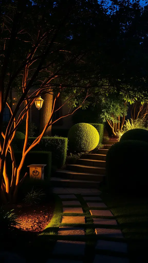 19 Creative Shadow Garden Ideas to Transform Your Outdoor Space 17 A beautifully lit garden pathway at night with warm lights illuminating the path and surrounding greenery.