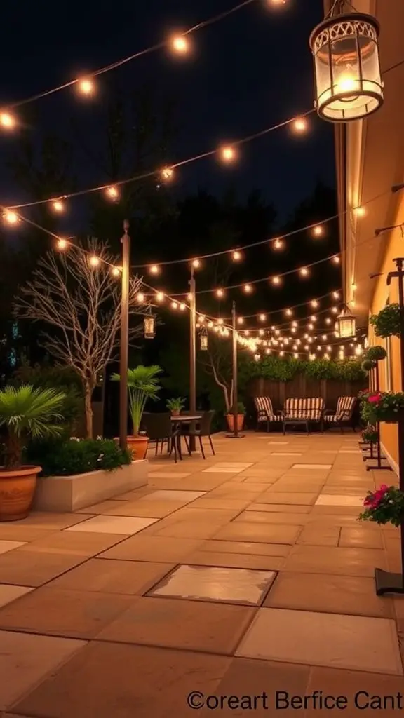 19+ Stunning Concrete Patio Makeover Ideas You’ll Love 14 A beautifully lit patio at night with string lights and lanterns, showcasing a cozy atmosphere.
