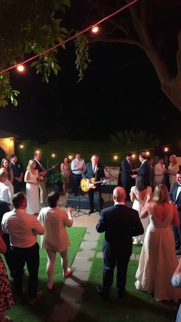 21 Creative Ideas for a Stunning Backyard Micro Wedding 16 A backyard wedding with live music, guests enjoying the performance under string lights.