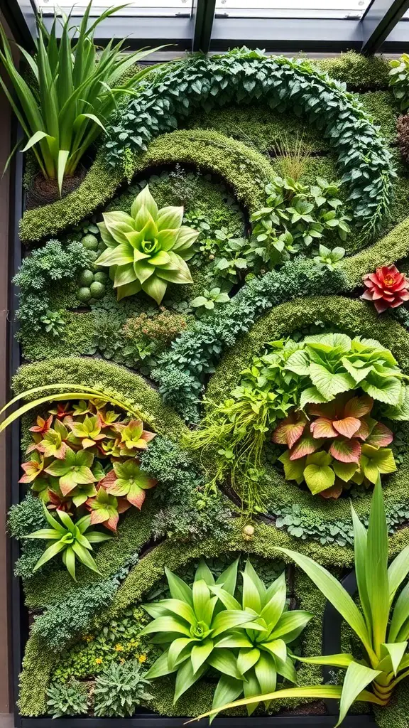 19 Creative Garden Wall Ideas to Transform Your Outdoor Space 7 A vibrant living wall featuring various plants in a wavy pattern with an integrated irrigation system.