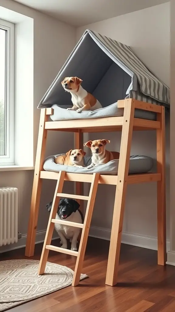 A lofted dog bed with dogs resting on it, featuring a wooden frame and a cute roof.