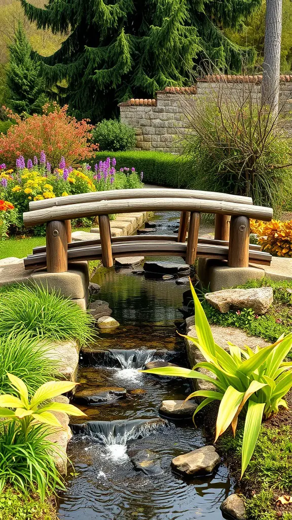A wooden log bridge over a stream in a colorful garden with flowers and greenery.