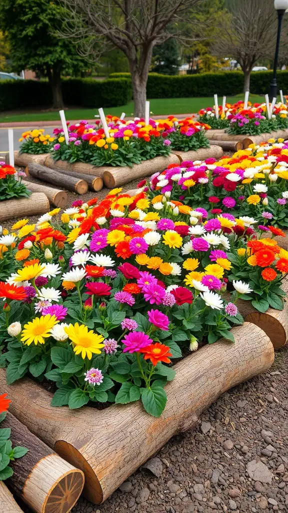 Colorful flower beds bordered by logs, showcasing vibrant blooms.