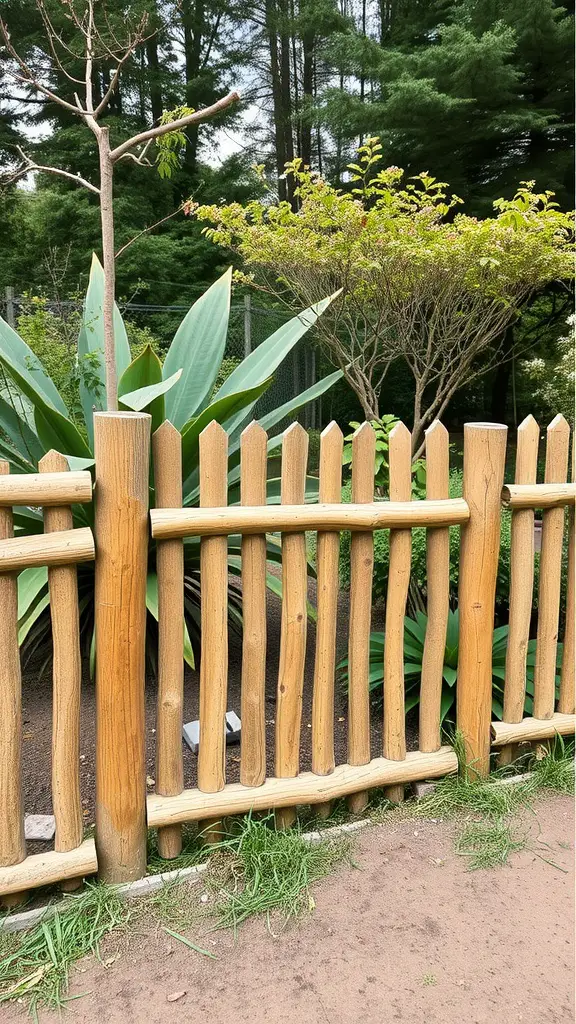A rustic log fence providing privacy in a garden, surrounded by greenery.