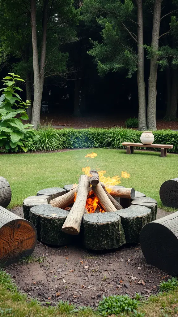 A log fire pit surrounded by nature with logs for seating and greenery in the background.