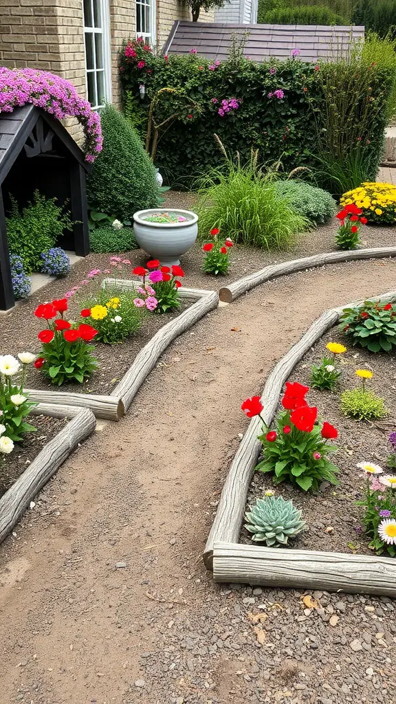 A garden with log borders surrounding colorful flower beds and a pathway.