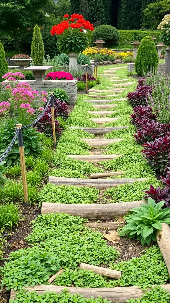 A garden pathway made of logs surrounded by lush green ground cover and colorful flowers.