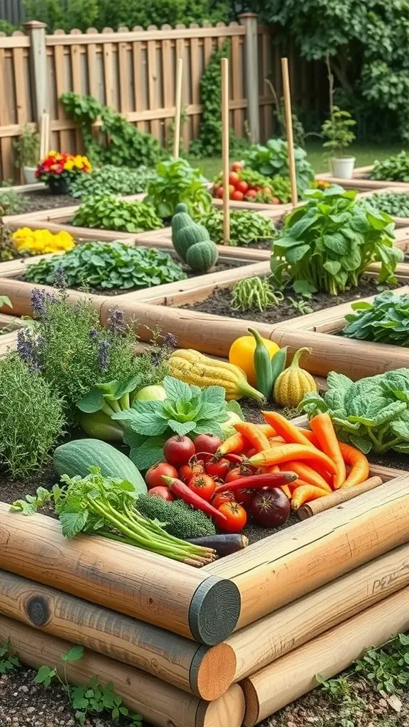 A vibrant garden with various vegetables growing in log raised garden beds.