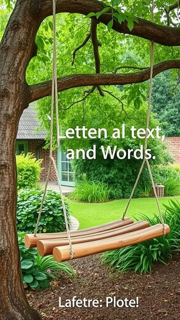A log swing hanging from a tree in a lush garden