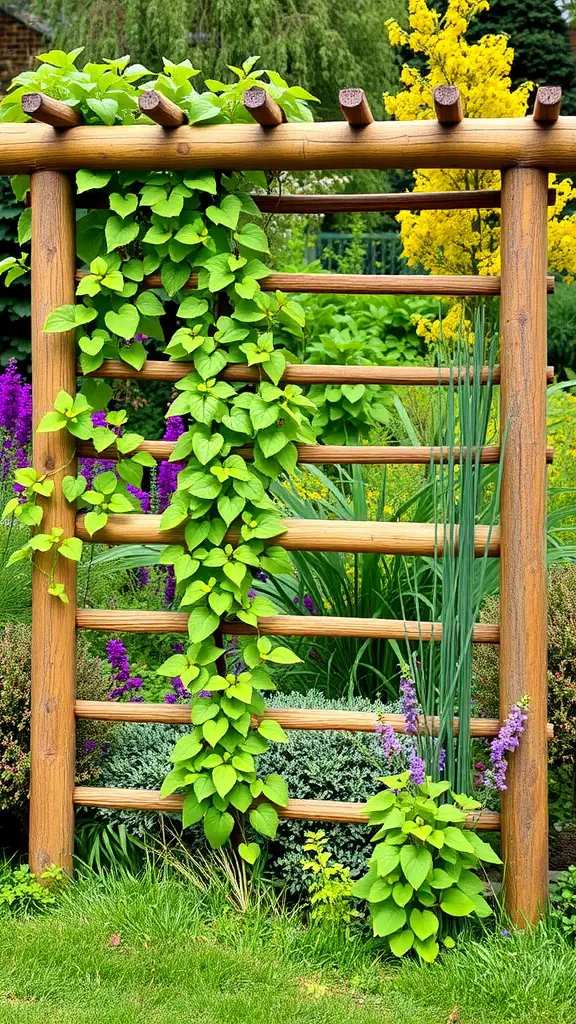 A wooden log trellis with climbing plants and colorful flowers in a garden.