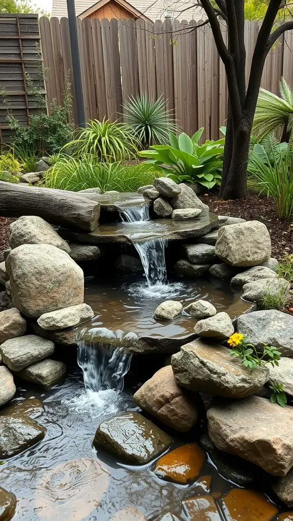 A serene log water feature with cascading water over rocks in a garden