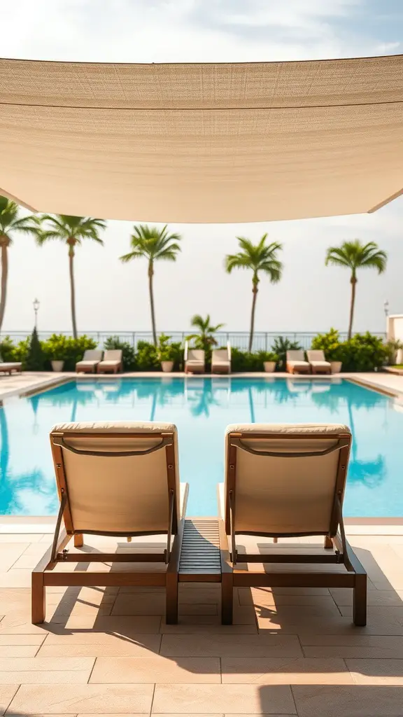 23 Stylish Outdoor Furniture Ideas for Your Dream Patio 6 Two lounge chairs with a canopy by a pool surrounded by palm trees