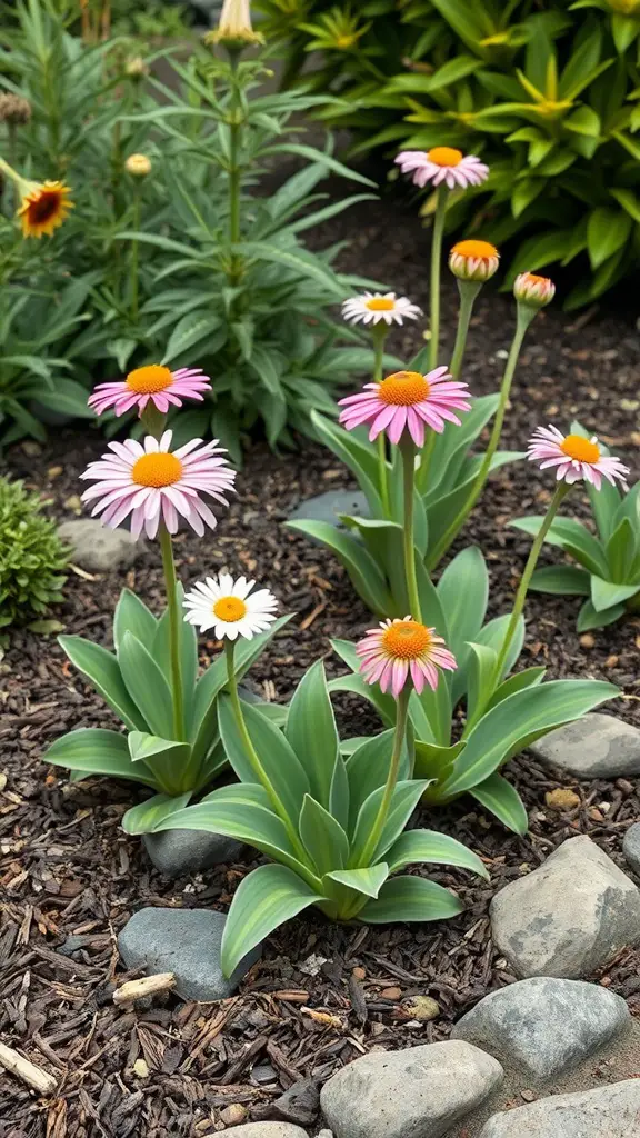 A cluster of pink and white daisies in a garden bed surrounded by green foliage and stones.