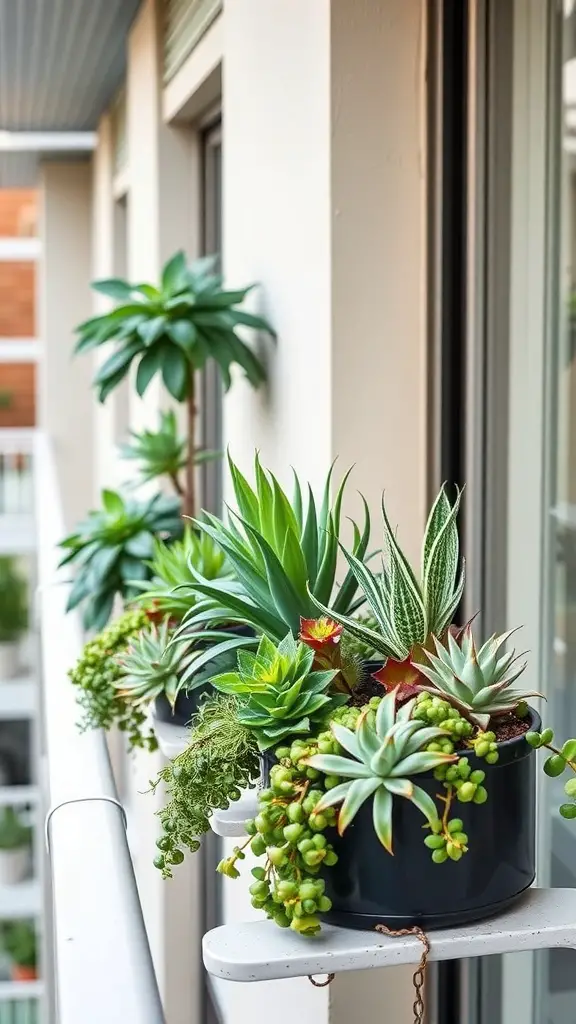 23 Creative Balcony Railing Planters to Transform Your Outdoor Space 11 A collection of low-maintenance plants in balcony railing planters, featuring various succulents and trailing plants.