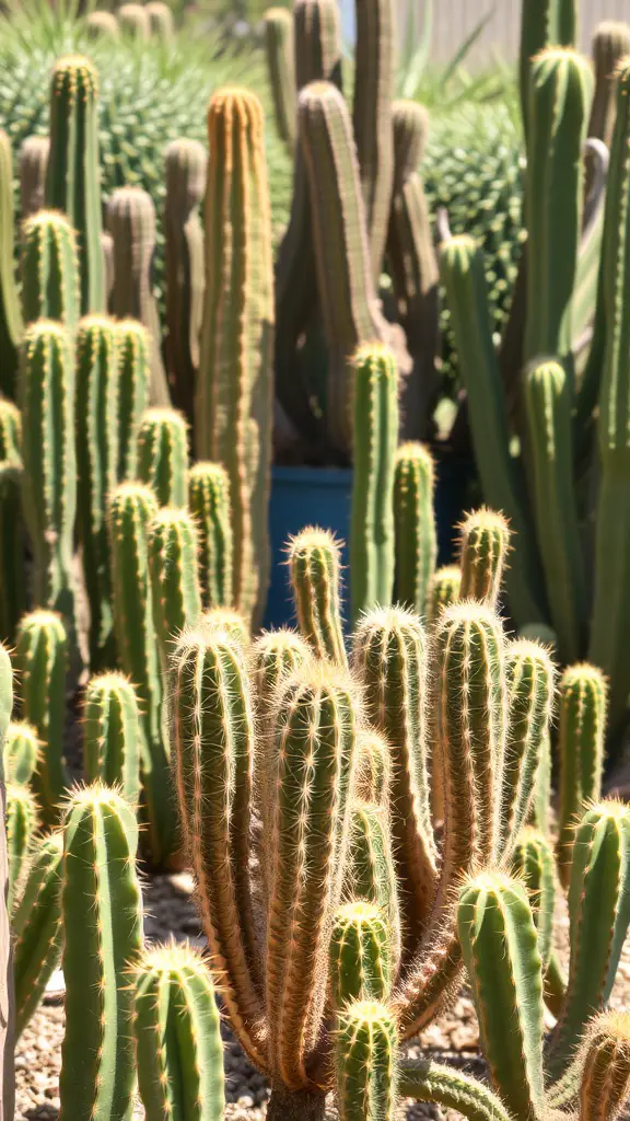 23 Vibrant Mexican Garden Ideas to Transform Your Outdoor Space 7 A collection of various cacti in a garden setting, showcasing different shapes and sizes.