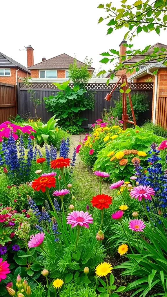 23 Amazing Backyard Ideas for Your Bloxburg Home 7 A vibrant garden filled with colorful flowers and greenery, featuring a watering can and a pathway.