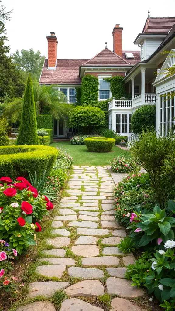A beautiful stone pathway surrounded by colorful flowers and lush greenery in a mansion backyard.