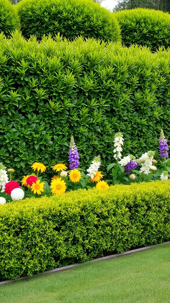 21 Creative Garden Border Ideas You Can Try Today 8 A lush green hedge with rounded tops and colorful flowers in front.