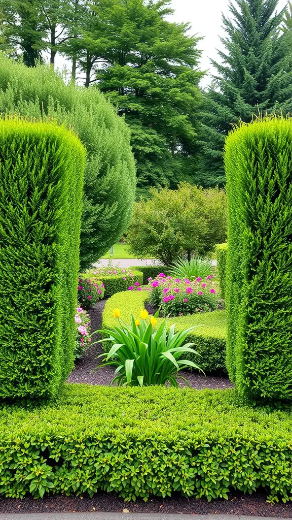 A beautifully landscaped garden featuring lush green hedges, colorful flowers, and trees.