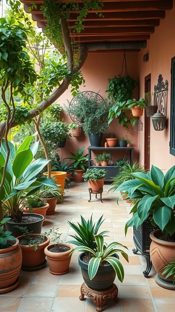 17 Inspiring Mexican Patio Ideas for Your Outdoor Space 10 A patio filled with various potted plants in terracotta pots, showcasing lush greenery and a warm, inviting atmosphere.
