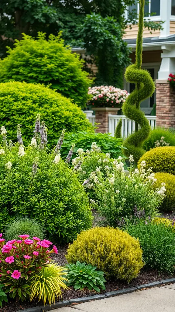 17 Stunning Front Yard Landscaping Ideas for a Beautiful Home Exterior 6 A beautifully landscaped front yard featuring layered planting with various shrubs and colorful flowers.