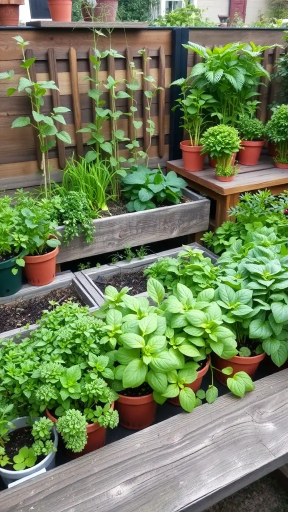 15 Stunning French Garden Ideas to Transform Your Outdoor Space 7 A vibrant herb garden with various herbs in pots and raised beds.