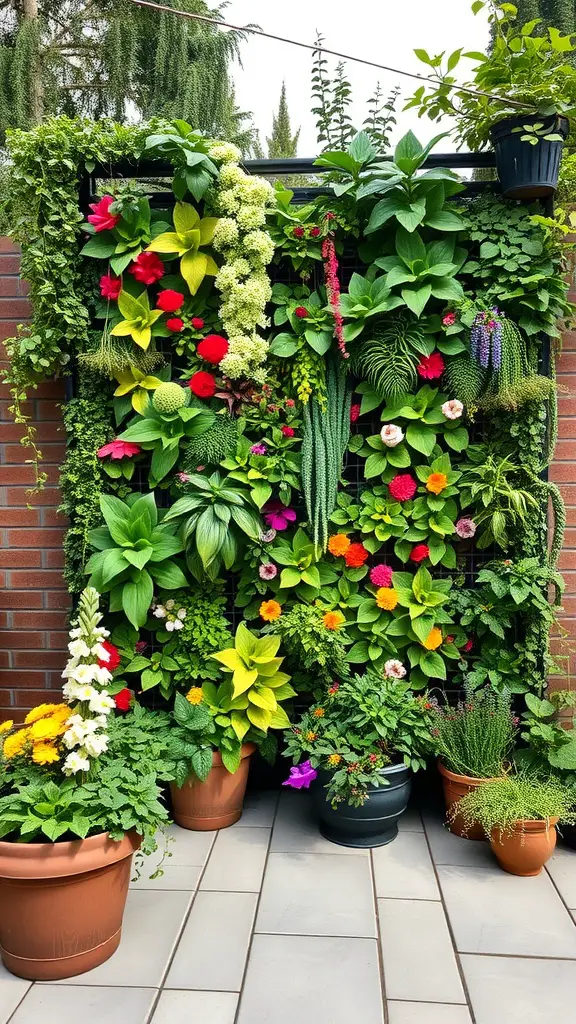 15 Inspiring Outdoor Patio Ideas for Your Dream Space 4 A vibrant vertical garden filled with various plants and flowers, enhancing an outdoor patio.