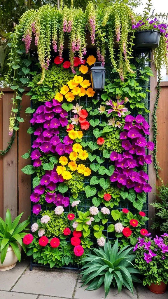 17 Inspiring Backyard Decorating Ideas to Transform Your Outdoor Space 8 A colorful vertical garden wall featuring a variety of flowers and greenery, with a lantern and cascading plants.
