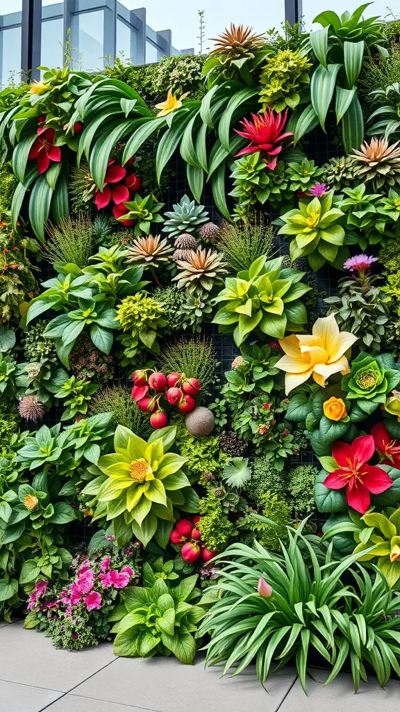 23 Stunning Dream Garden Ideas to Transform Your Outdoor Space 9 A vibrant vertical garden wall featuring various plants and flowers in bright colors and lush greens.