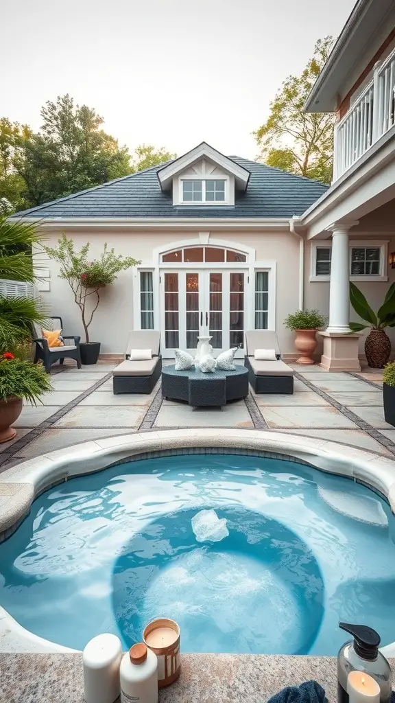 A luxurious backyard spa with a hot tub and lounge chairs surrounded by greenery.