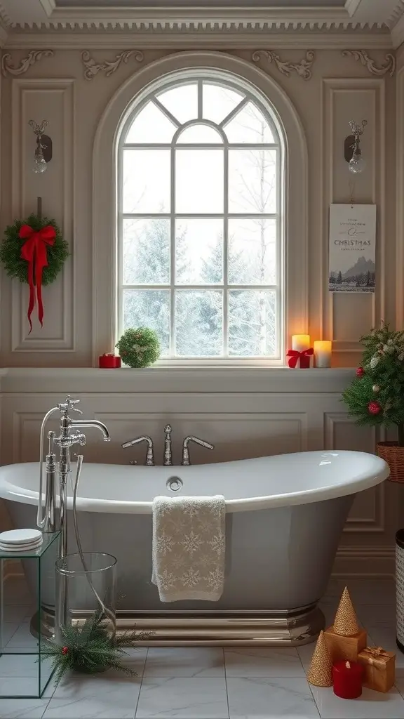 A luxurious bathroom with a bathtub, festive decorations, and a cozy atmosphere