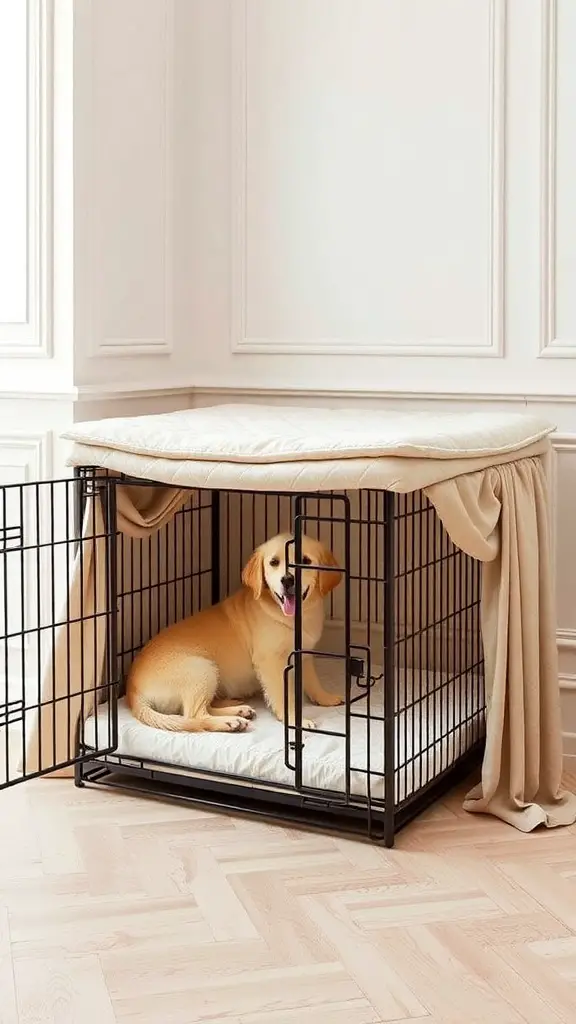 17+ Creative Dog Crate Ideas for Stylish Pet Spaces 5 A luxury dog crate with plush bedding and a dog inside, featuring a stylish design.
