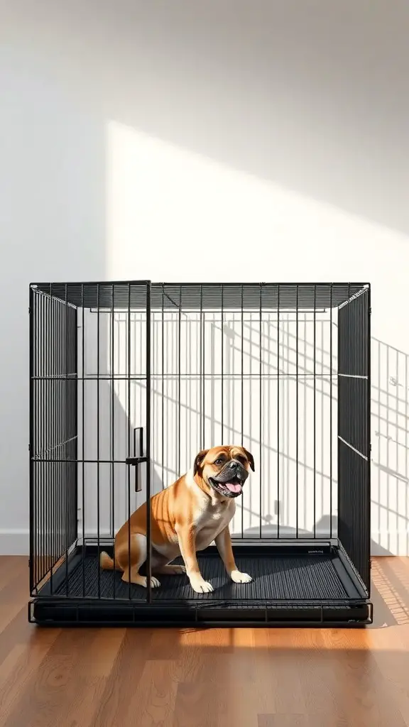 17+ Creative Dog Crate Ideas for Stylish Pet Spaces 17 A luxury dog crate with a sliding door and a happy dog inside, set in a modern room.