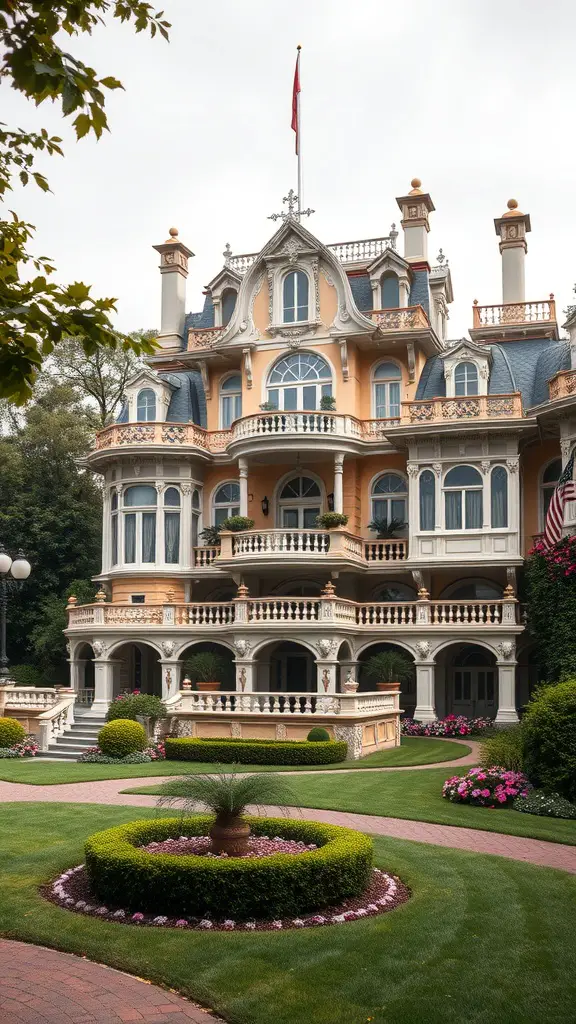 17+ Creative Outside Dog House Ideas for Your Furry Friend 12 A luxurious dog mansion with elegant architecture and a vibrant garden.