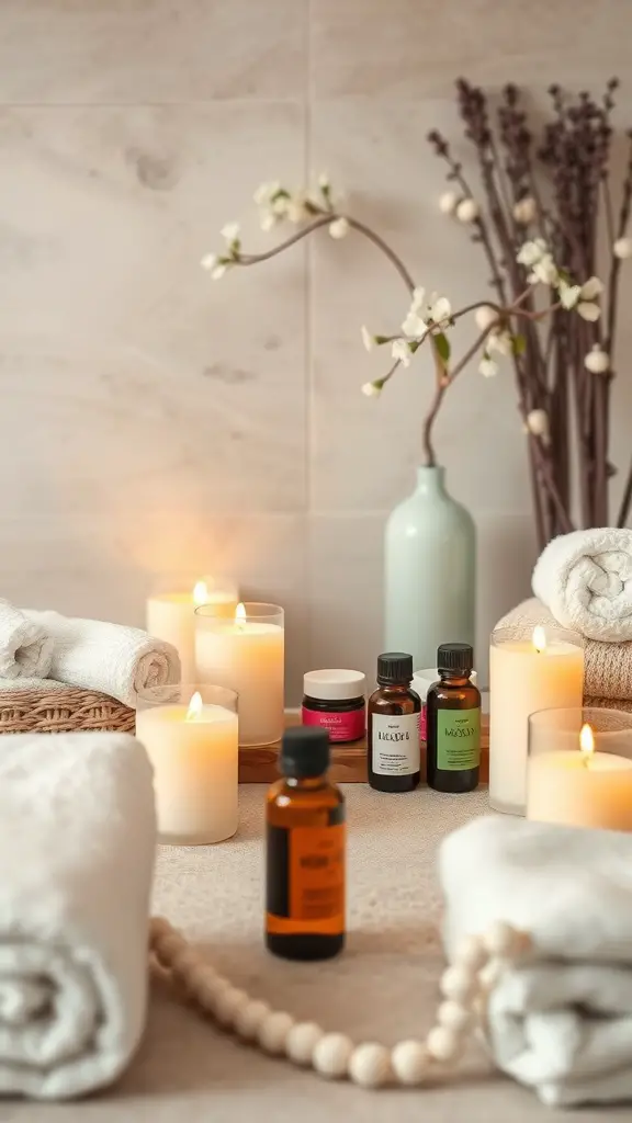 17 Creative Silent Auction Ideas to Boost Your Fundraising Event 6 A serene spa setting with candles, essential oils, and neatly arranged towels.