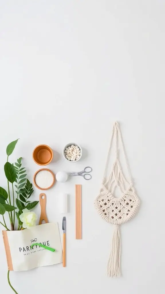 19 Stunning DIY Macrame Plant Hangers to Elevate Your Home Decor 16 Materials for a macrame plant hanger including rope, scissors, pots, and decorative elements.