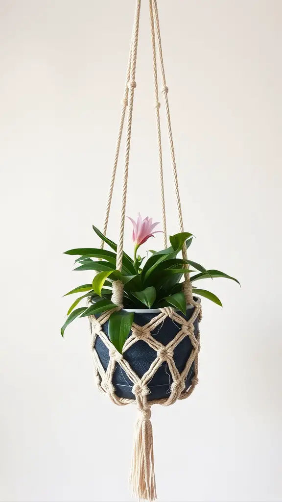 19 Stunning DIY Macrame Plant Hangers to Elevate Your Home Decor 15 A macrame plant hanger featuring fringe details, holding a green plant in a dark pot.