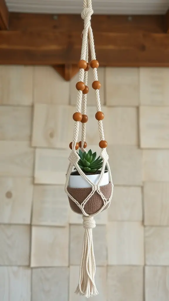 19 Stunning DIY Macrame Plant Hangers to Elevate Your Home Decor 6 A macrame plant hanger featuring wooden beads and a succulent plant.