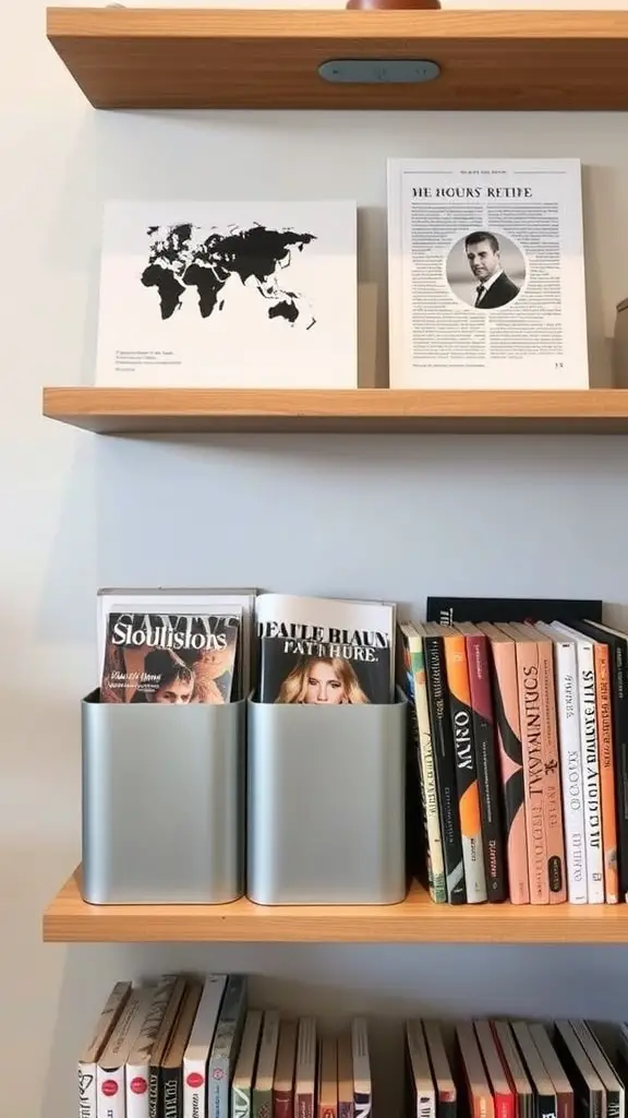 23 Creative Book Storage Ideas for Every Home 10 A shelf with silver magazine holders containing magazines, alongside books and decorative items.