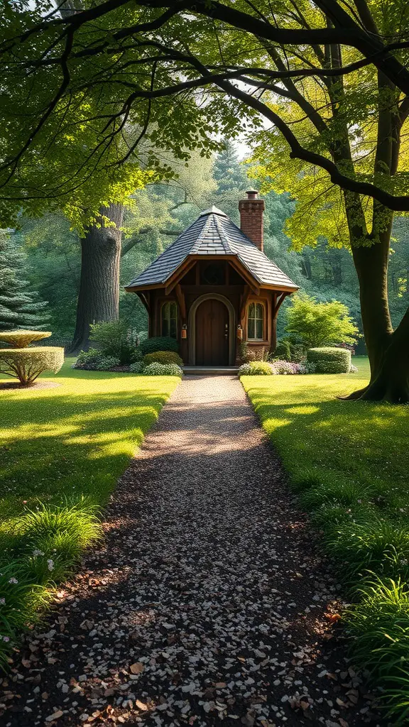 A charming pathway leading to a fairy house, lined with grass and flowers.