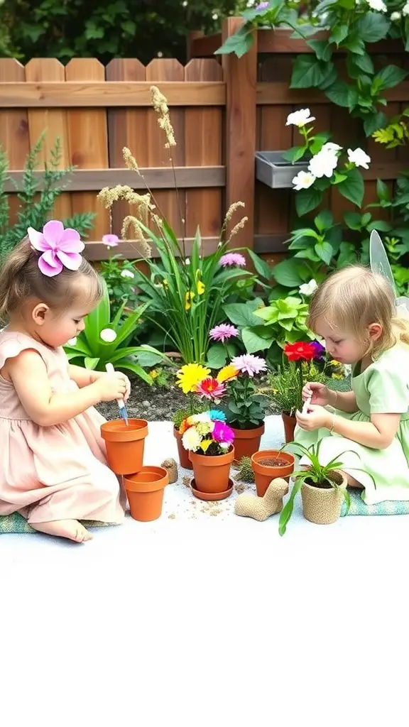Two children planting flowers in pots in a garden setting