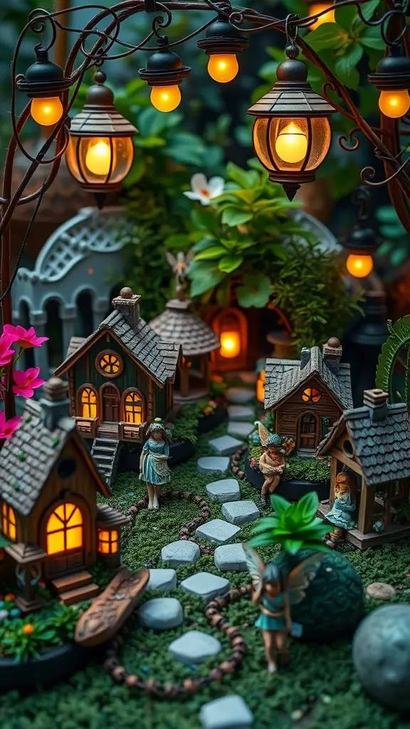 19 Whimsical Garden Party Ideas for Unforgettable Celebrations 14 A whimsical fairy garden with glowing lanterns, tiny houses, and decorative figures.